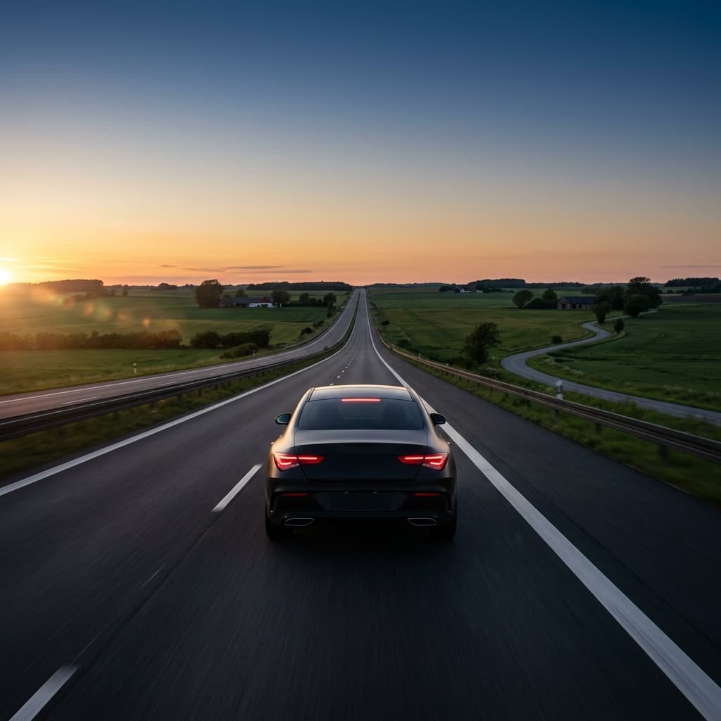 Bil på dansk motorvej ved solnedgang